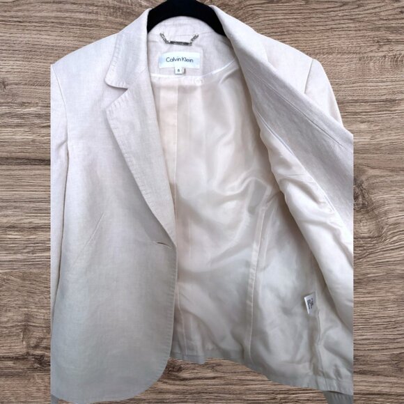 CALVIN KLEIN 1-Button Linen Blend Ivory Cream Blazer Jacket Lined Size 8 - Picture 3 of 8